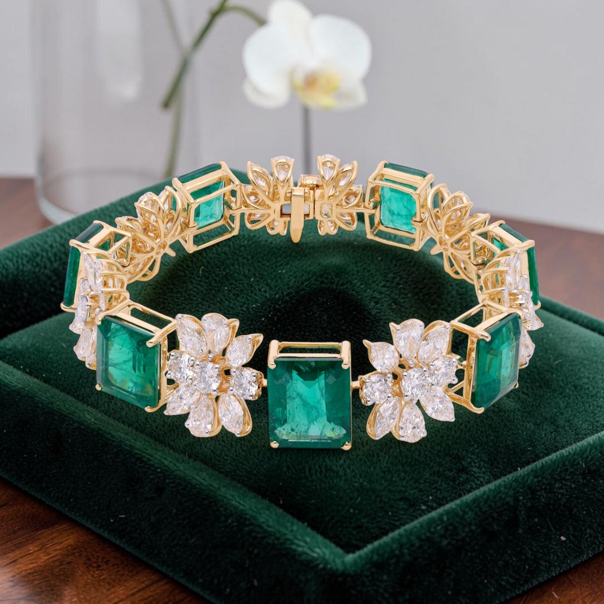 Emerald Green Gold Bangle with Lab-Grown Diamond Floral Motifs | SKU | 0006704650