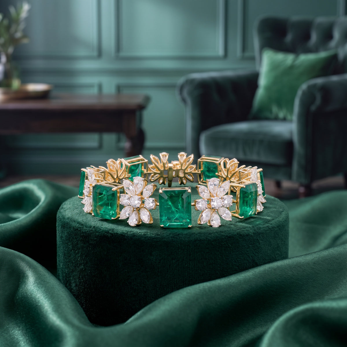 Emerald Green Gold Bangle with Lab-Grown Diamond Floral Motifs | SKU | 0006704650