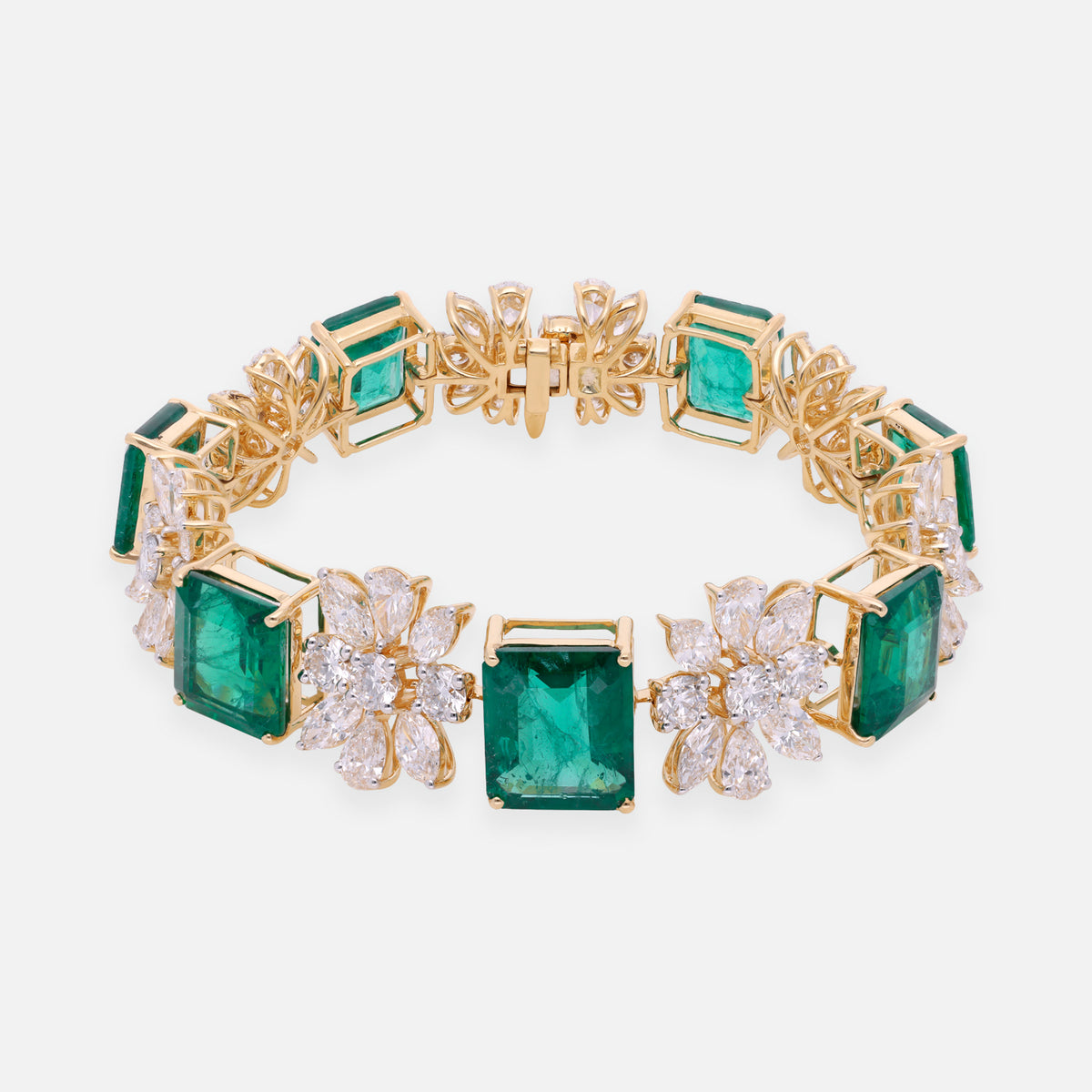 Emerald Green Gold Bangle with Lab-Grown Diamond Floral Motifs | SKU | 0006704650