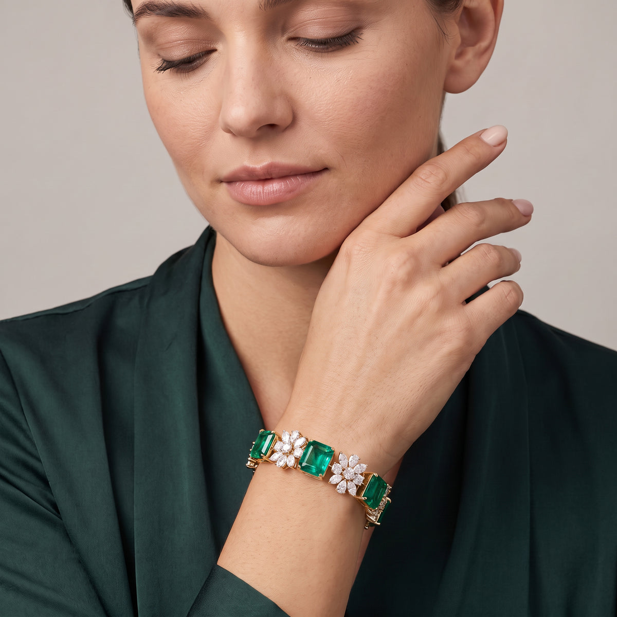Emerald Green Gold Bangle with Lab-Grown Diamond Floral Motifs | SKU | 0006704650