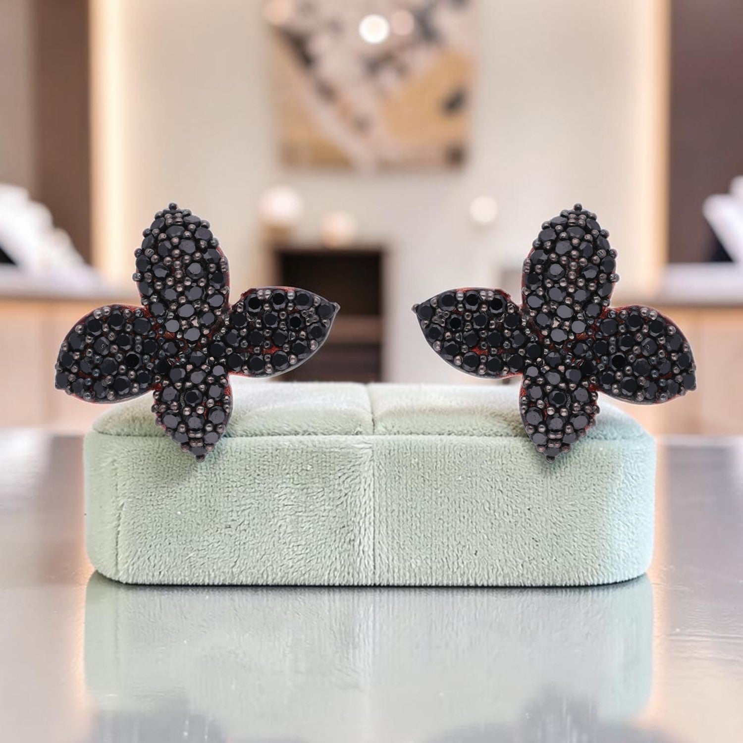 Sterling Silver Black Crystal Floral Silver Tops| SKU: 0006705381