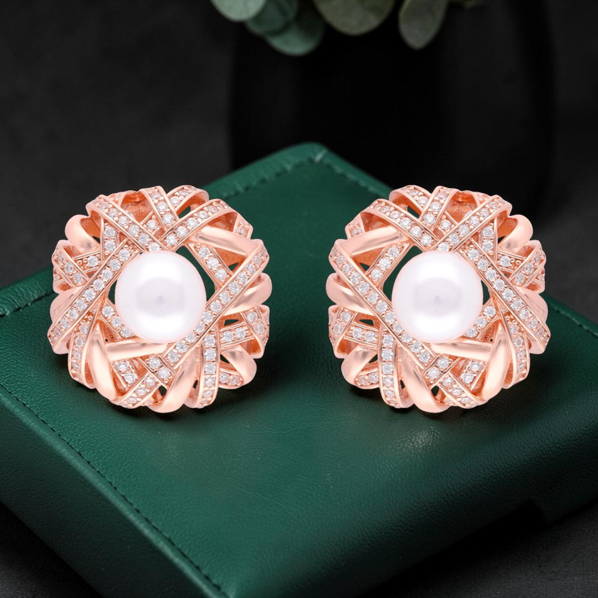 Sterling Silver Woven Design Ear Studs with Pearls | SKU: 0006705404