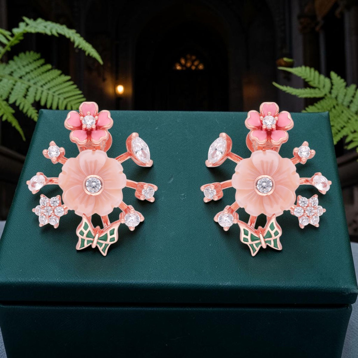 Sterling silver floral butterfly earrings with cubic zirconia and rose finish | SKU: 0006705510