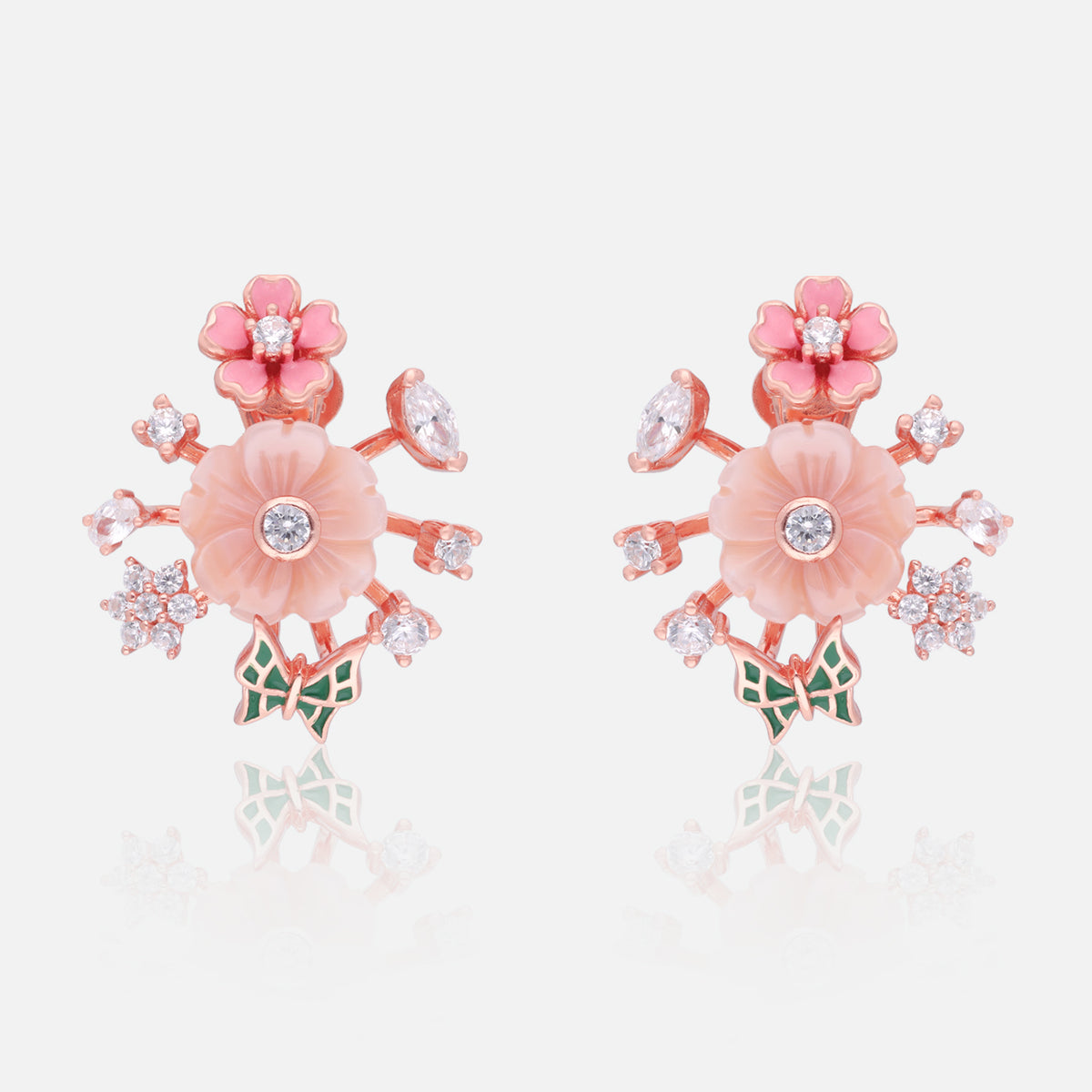 Sterling silver floral butterfly earrings with cubic zirconia and rose finish | SKU: 0006705510