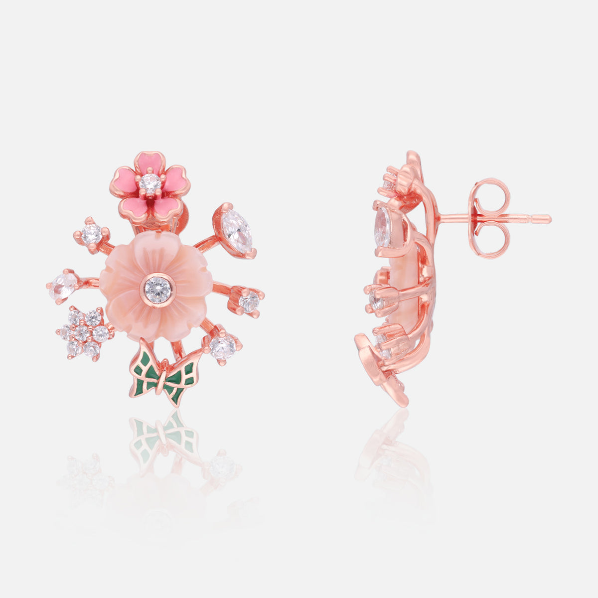 Sterling silver floral butterfly earrings with cubic zirconia and rose finish | SKU: 0006705510