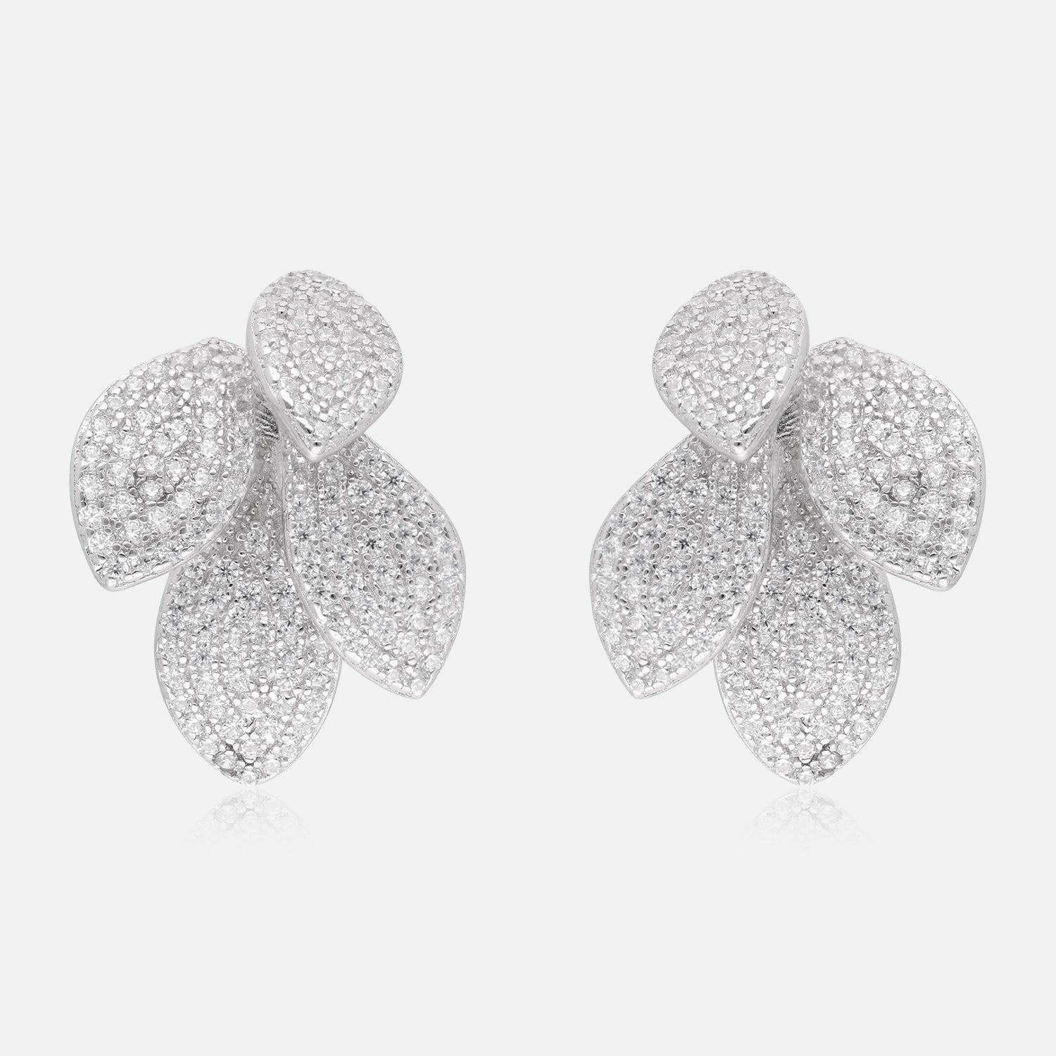 Sterling silver layered leaf earrings with cubic zirconia and polished finish | SKU: 0006705527