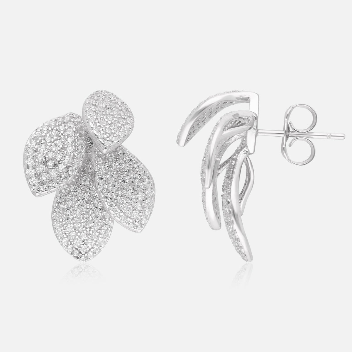 Sterling silver layered leaf earrings with cubic zirconia and polished finish | SKU: 0006705527