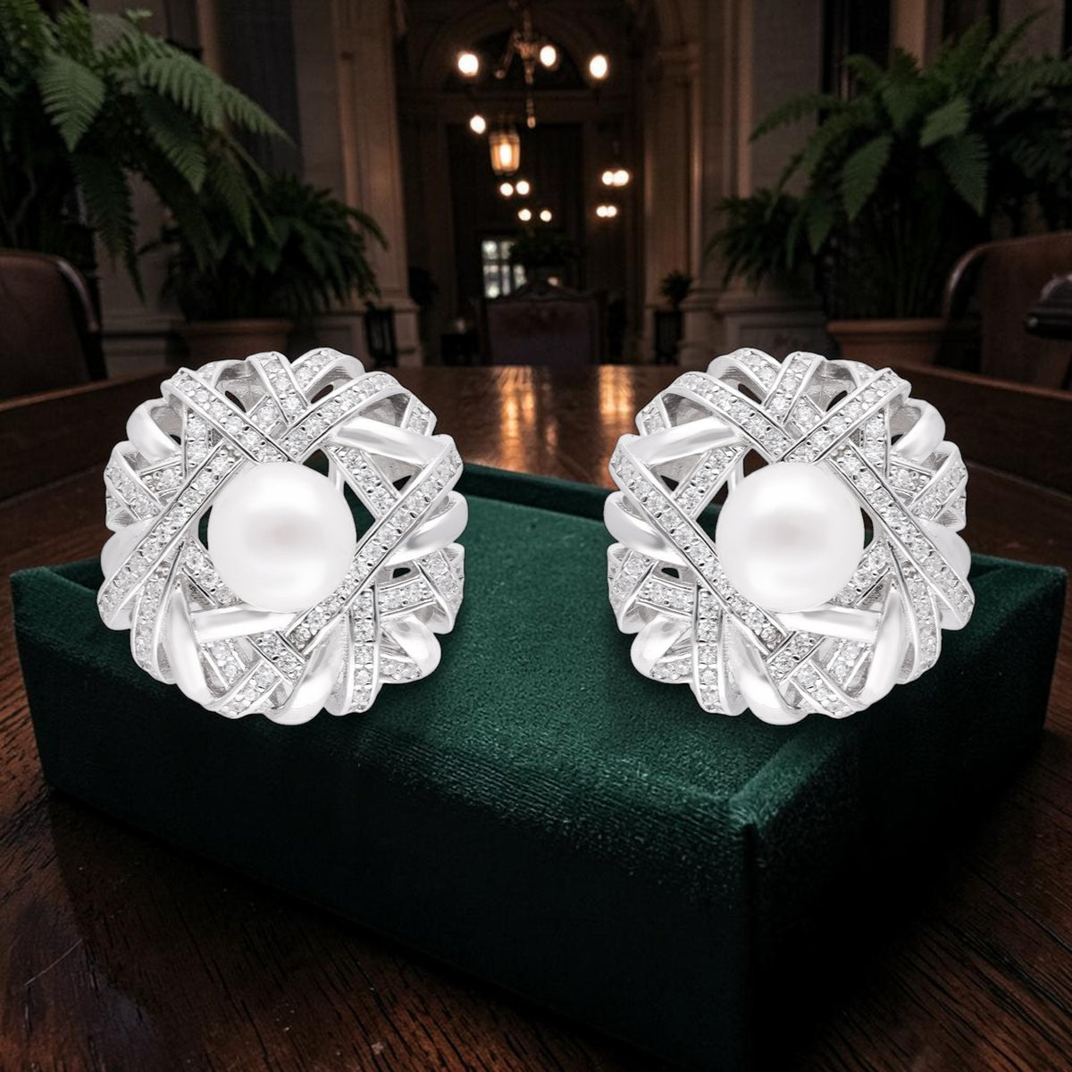 Sterling silver woven halo stud earrings with pearl and cubic zirconia| SKU: 0006705534