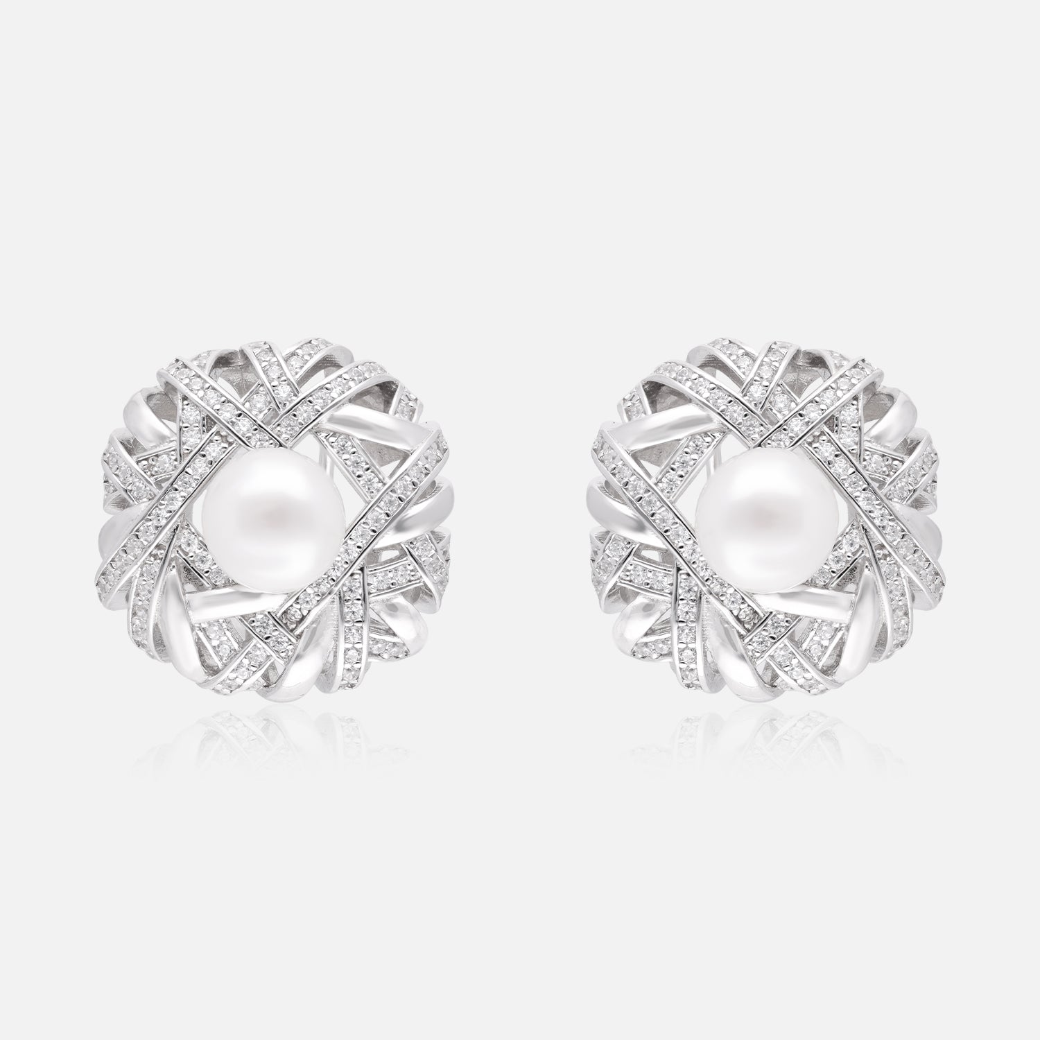 Sterling silver woven halo stud earrings with pearl and cubic zirconia| SKU: 0006705534