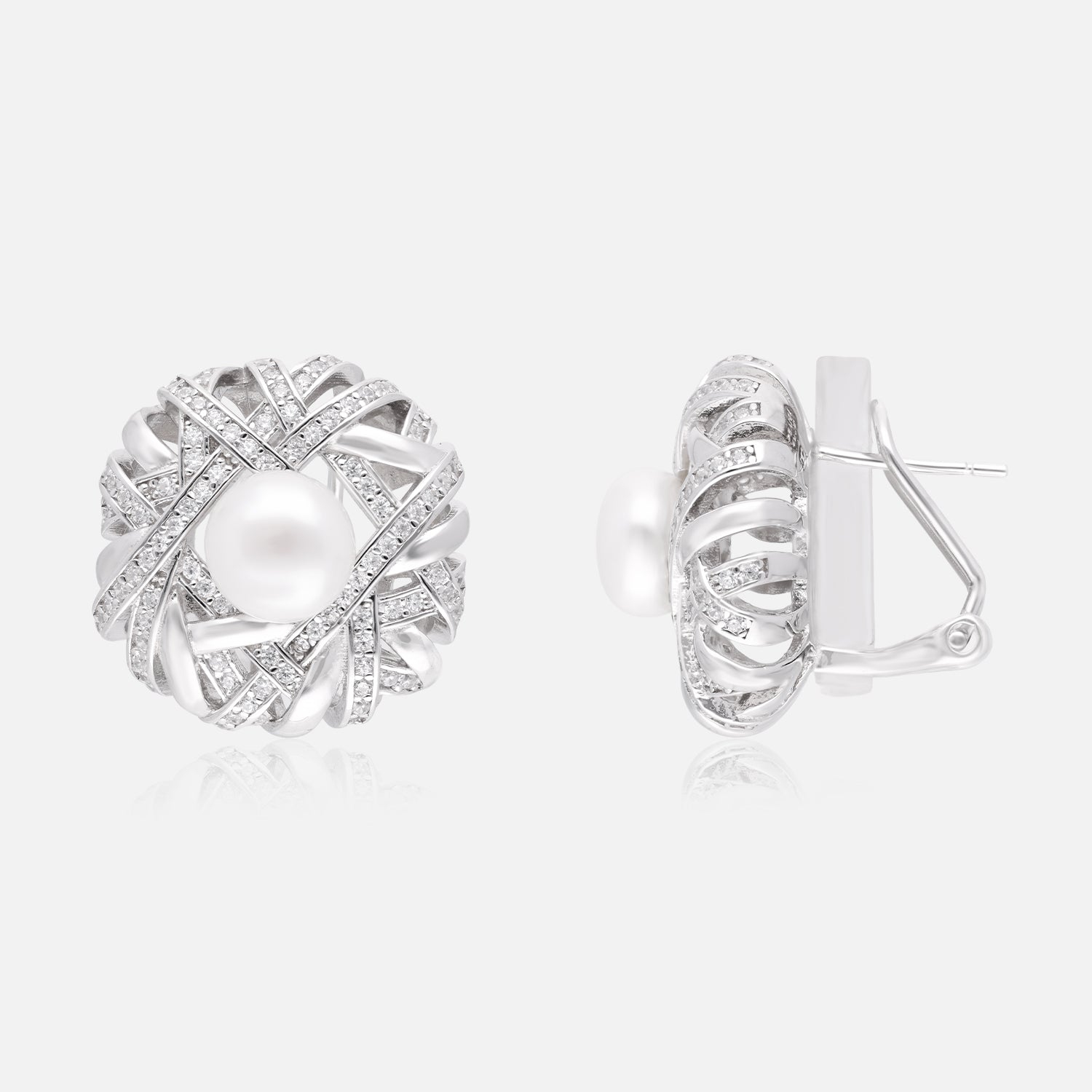 Sterling silver woven halo stud earrings with pearl and cubic zirconia| SKU: 0006705534