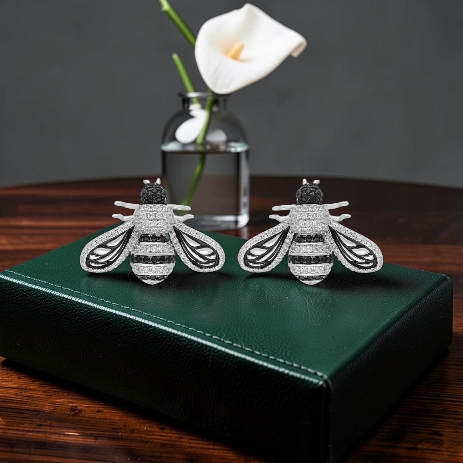 Sterling silver bee stud earrings with black and clear cubic zirconia | SKU: 0006705558