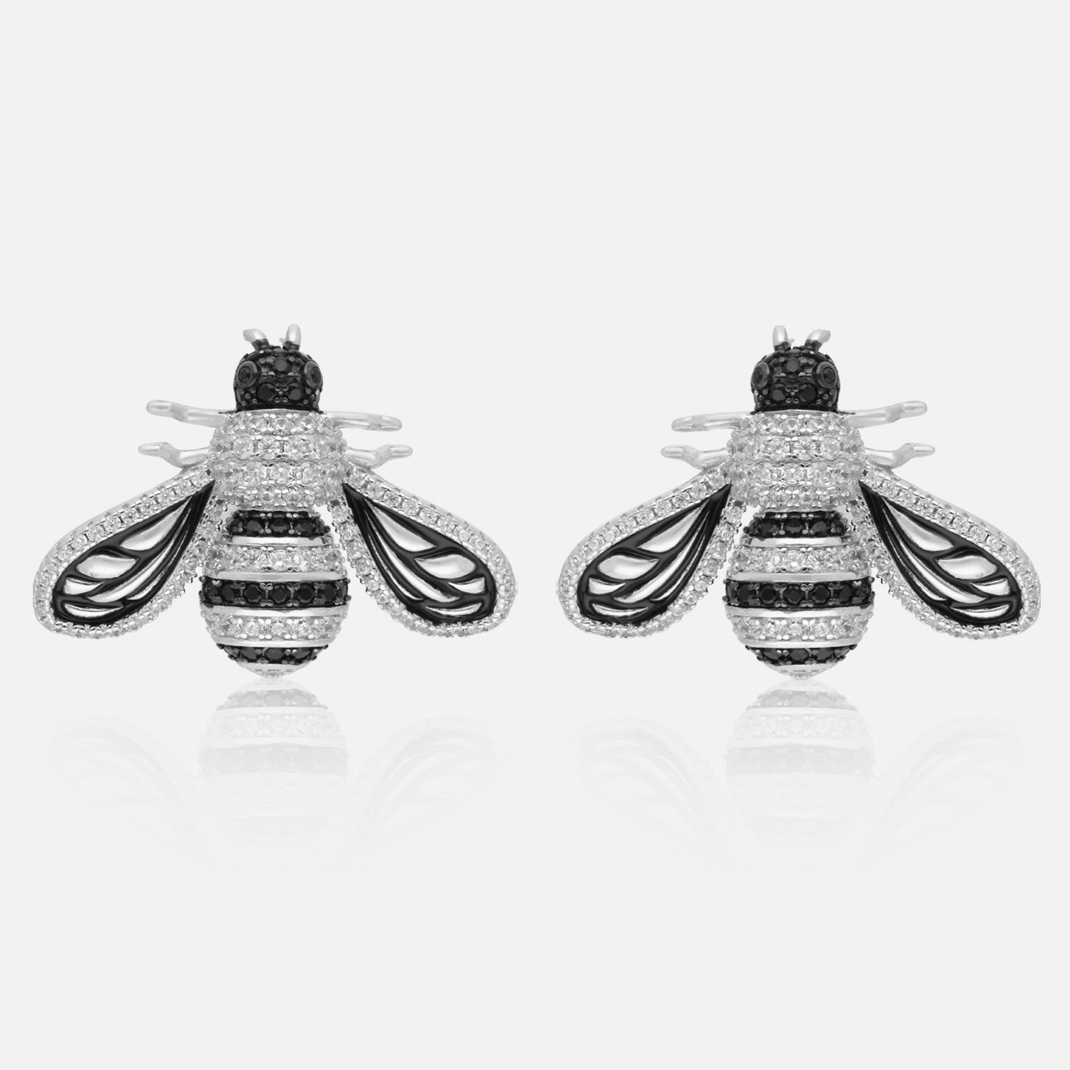 Sterling silver bee stud earrings with black and clear cubic zirconia | SKU: 0006705558
