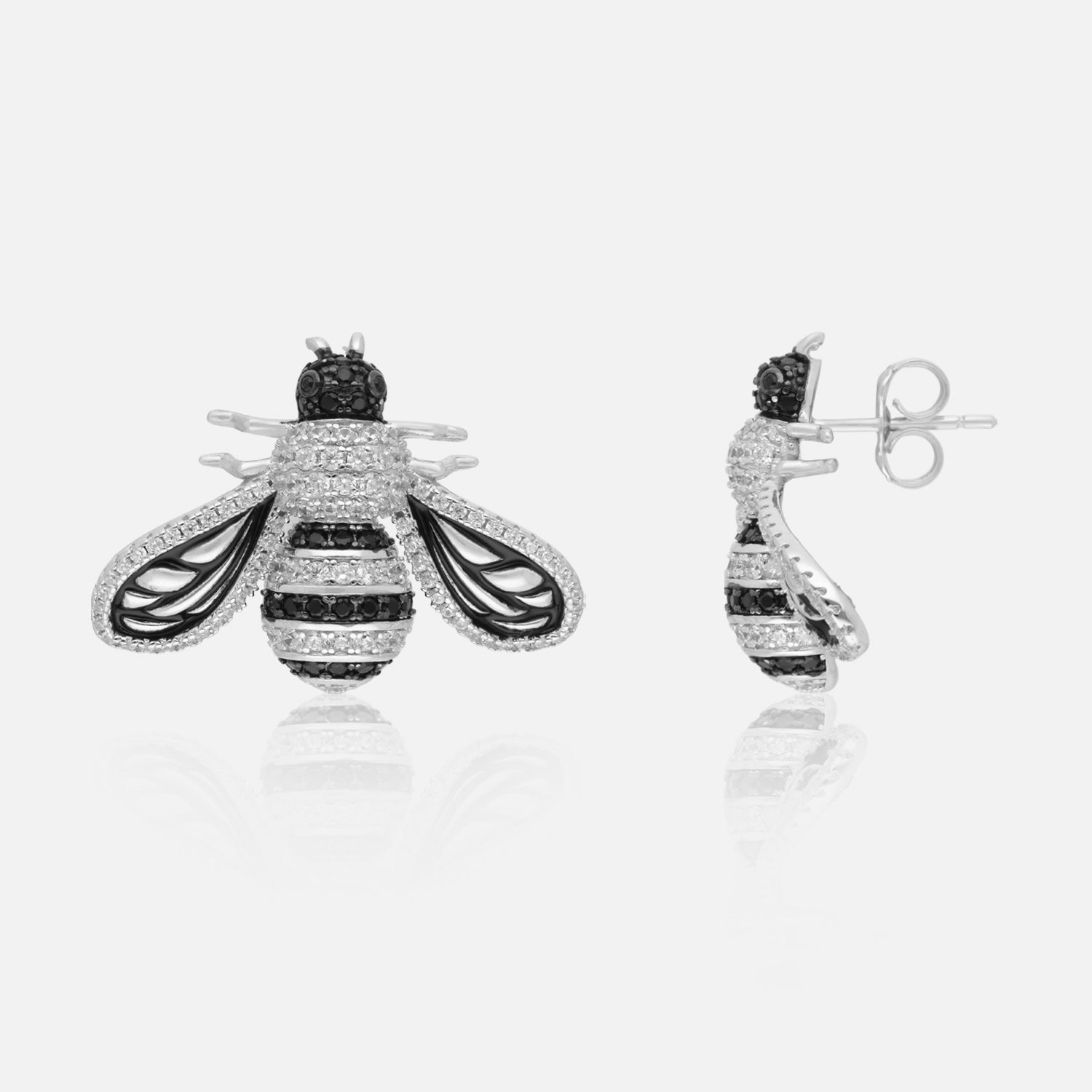 Sterling silver bee stud earrings with black and clear cubic zirconia | SKU: 0006705558