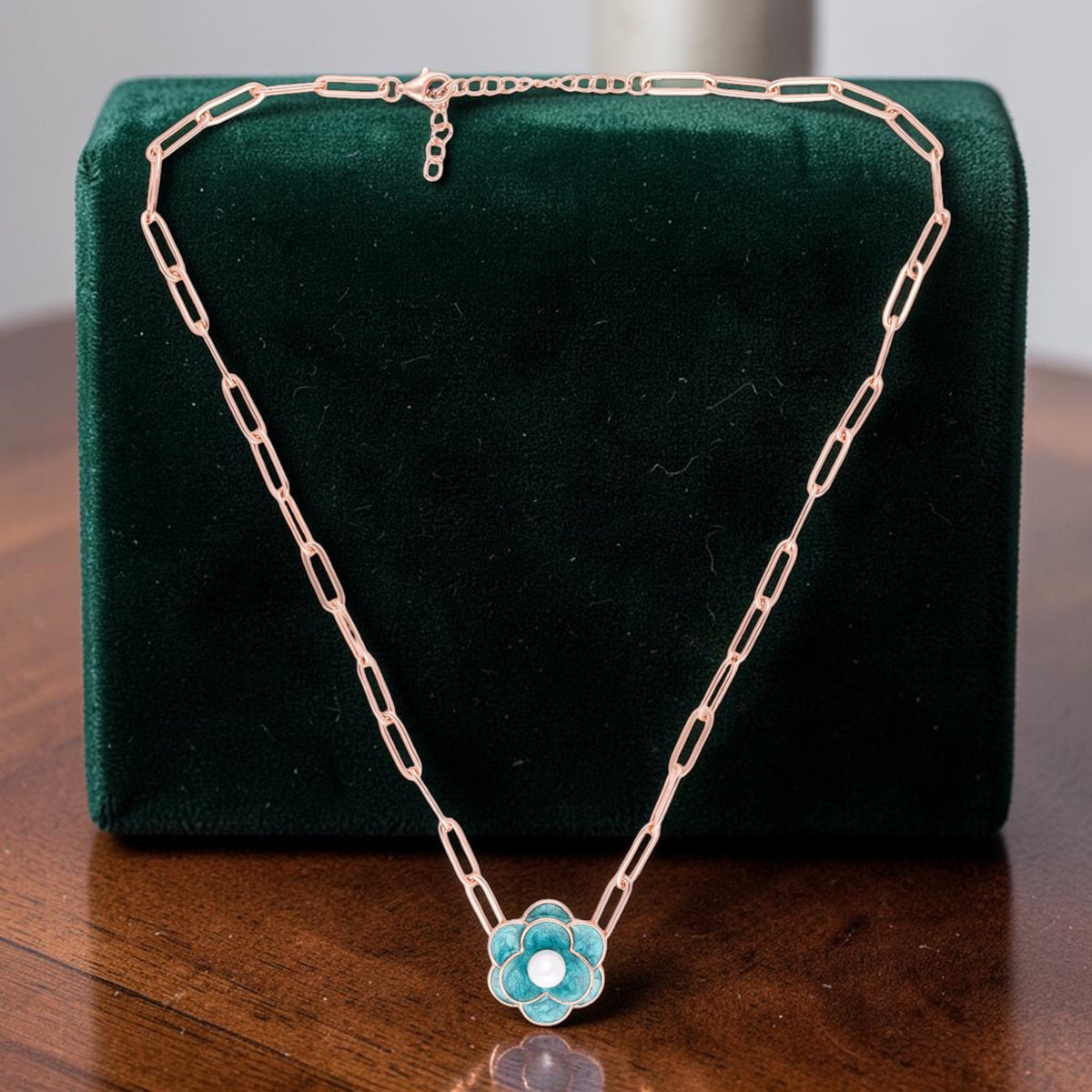 Sterling silver floral pendant necklace with teal enamel and pearl centre | SKU: 0006709365