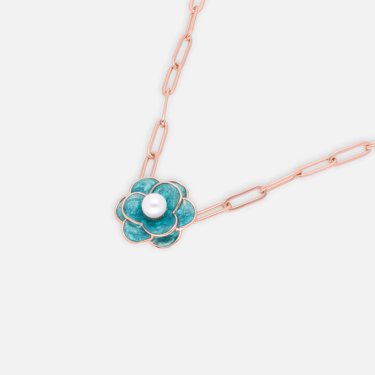 Sterling silver floral pendant necklace with teal enamel and pearl centre | SKU: 0006709365