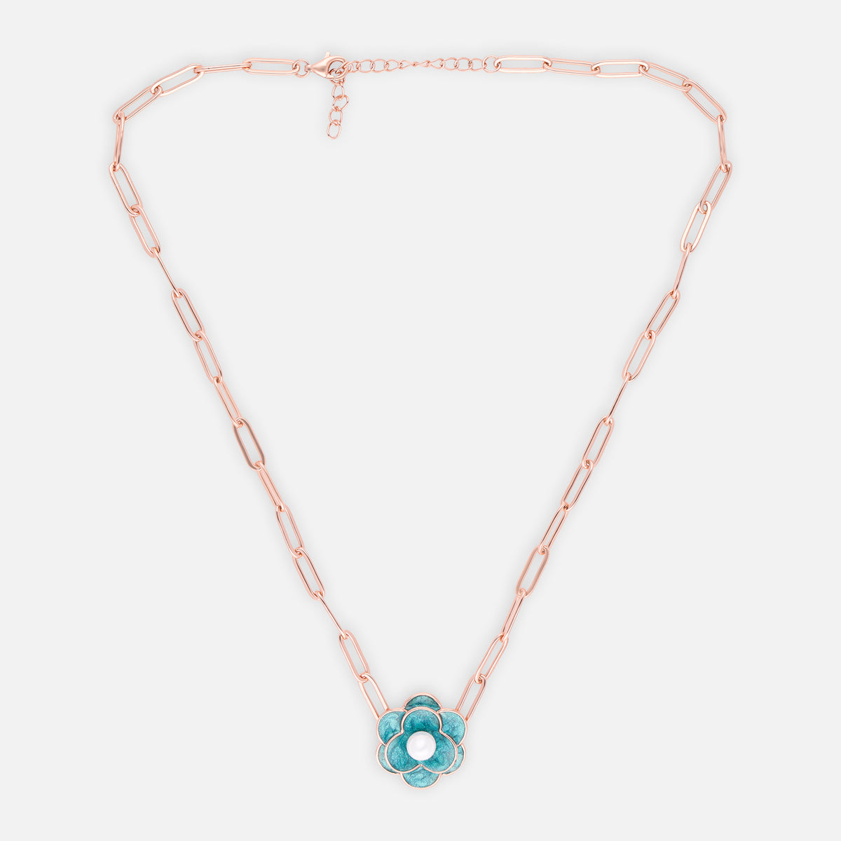 Sterling silver floral pendant necklace with teal enamel and pearl centre | SKU: 0006709365
