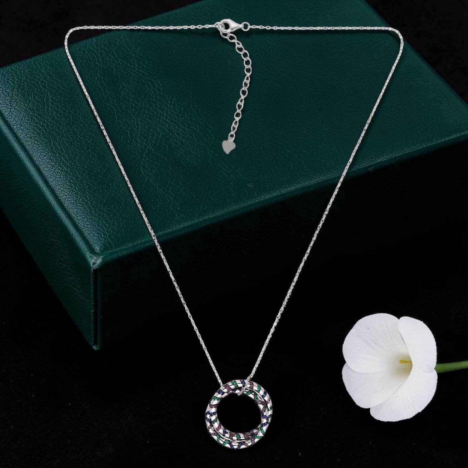 Sterling silver circular pendant necklace with multicolour cubic zirconia accents| SKU: 0006709372