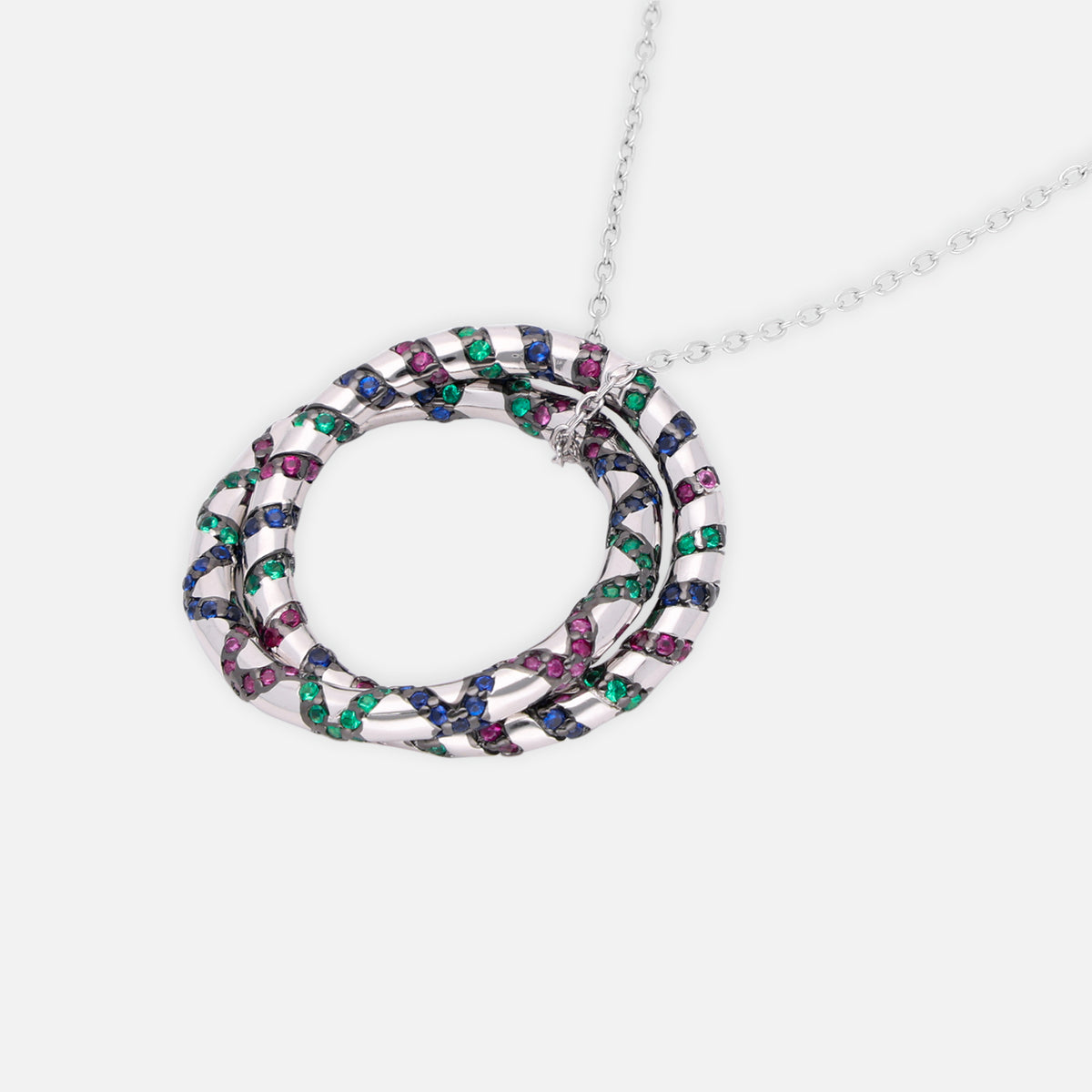 Sterling silver circular pendant necklace with multicolour cubic zirconia accents| SKU: 0006709372
