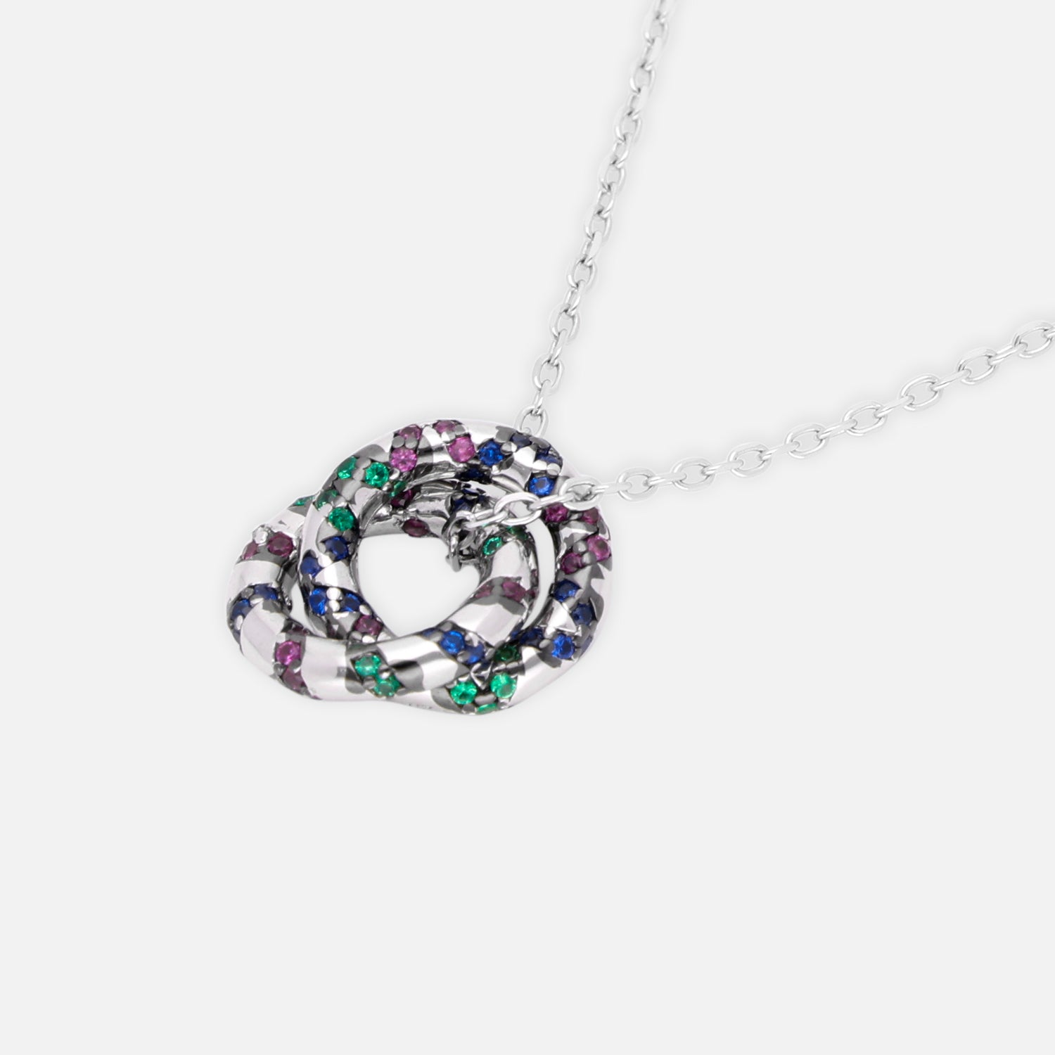 Sterling silver circular pendant necklace with multicolour cubic zirconia detailing | SKU: 0006709389