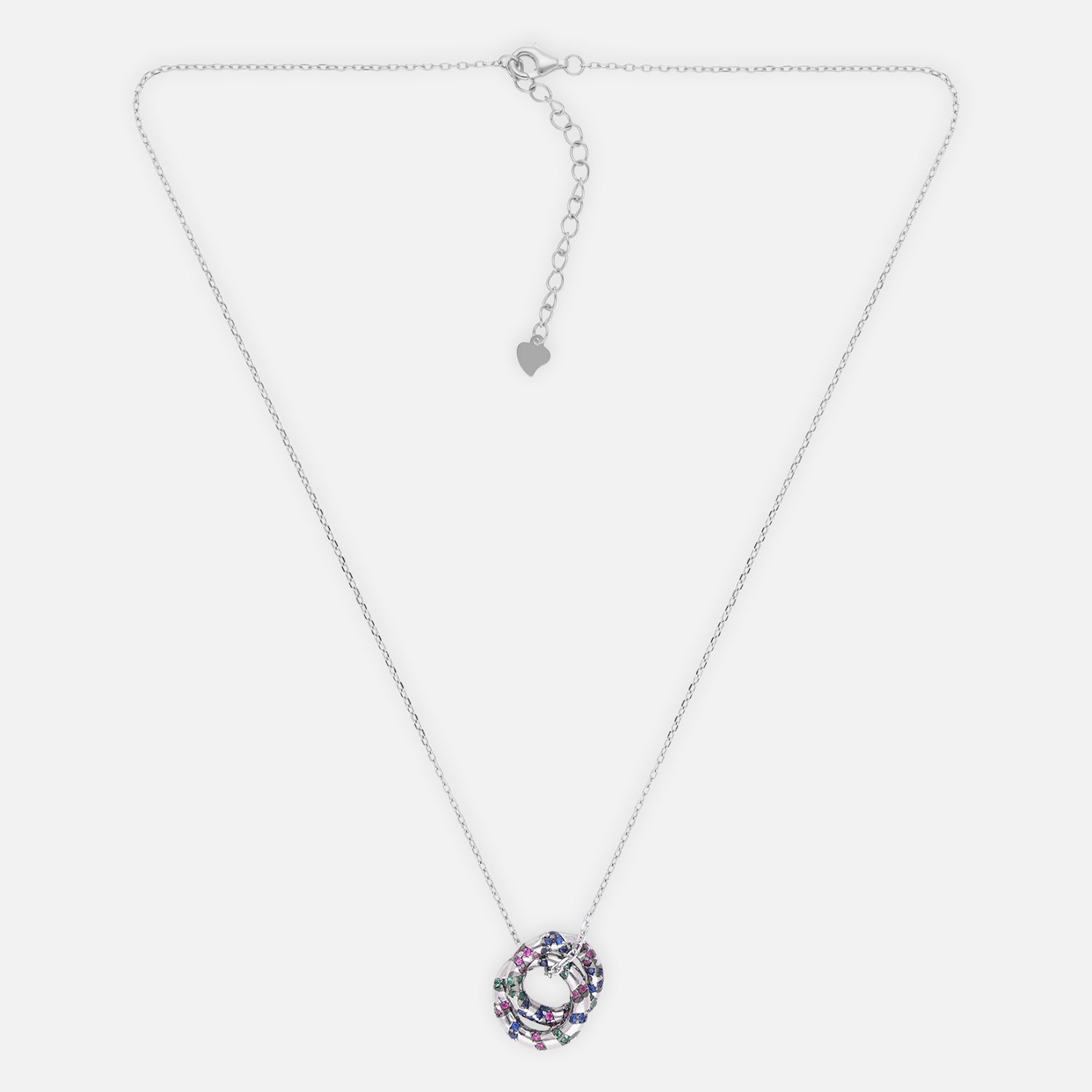 Sterling silver circular pendant necklace with multicolour cubic zirconia detailing | SKU: 0006709389