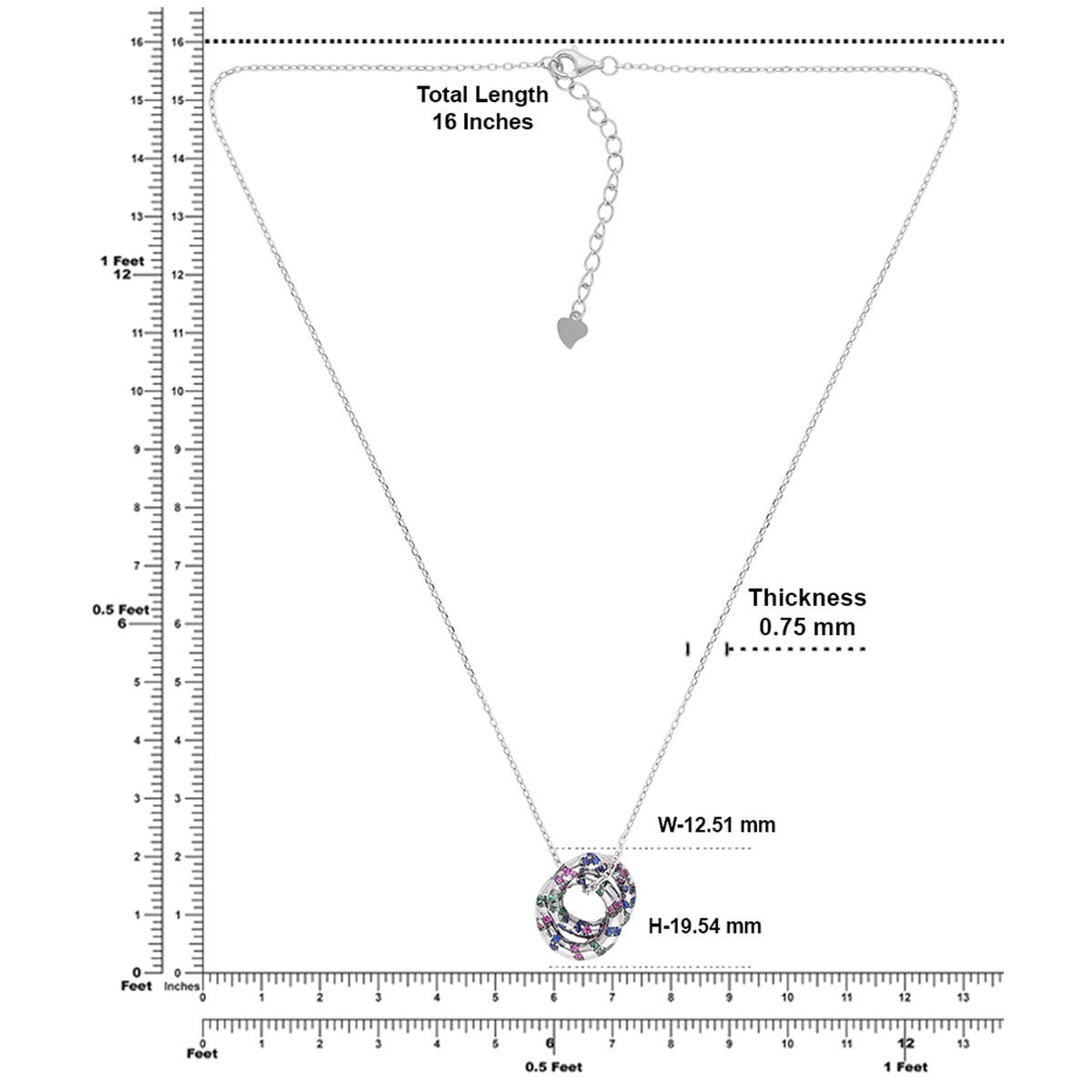 Sterling silver circular pendant necklace with multicolour cubic zirconia detailing | SKU: 0006709389
