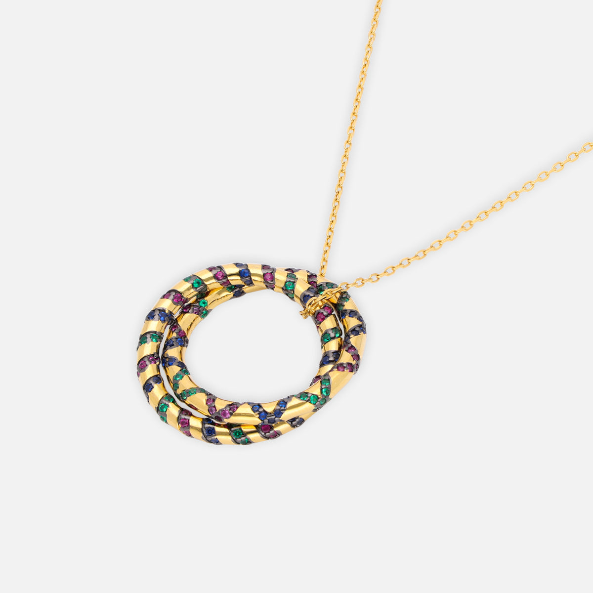 Sterling silver circular pendant necklace with multicolour cubic zirconia and gold finish | SKU: 0006709396