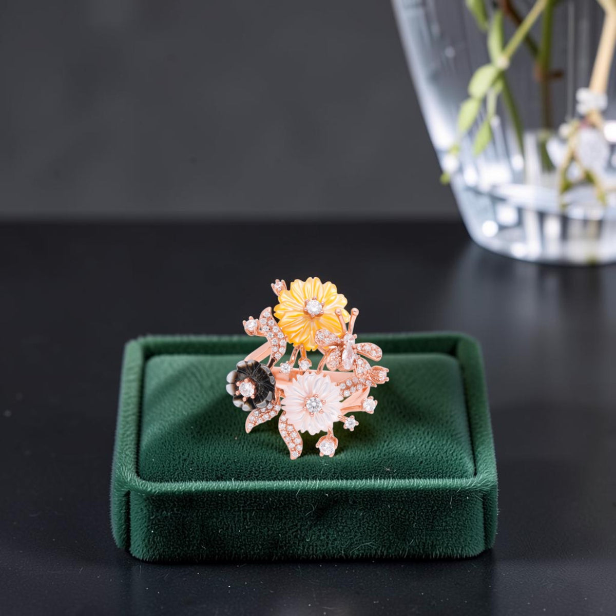Sterling silver floral statement ring with multicolour enamel and cubic zirconia | SKU: 0006709433