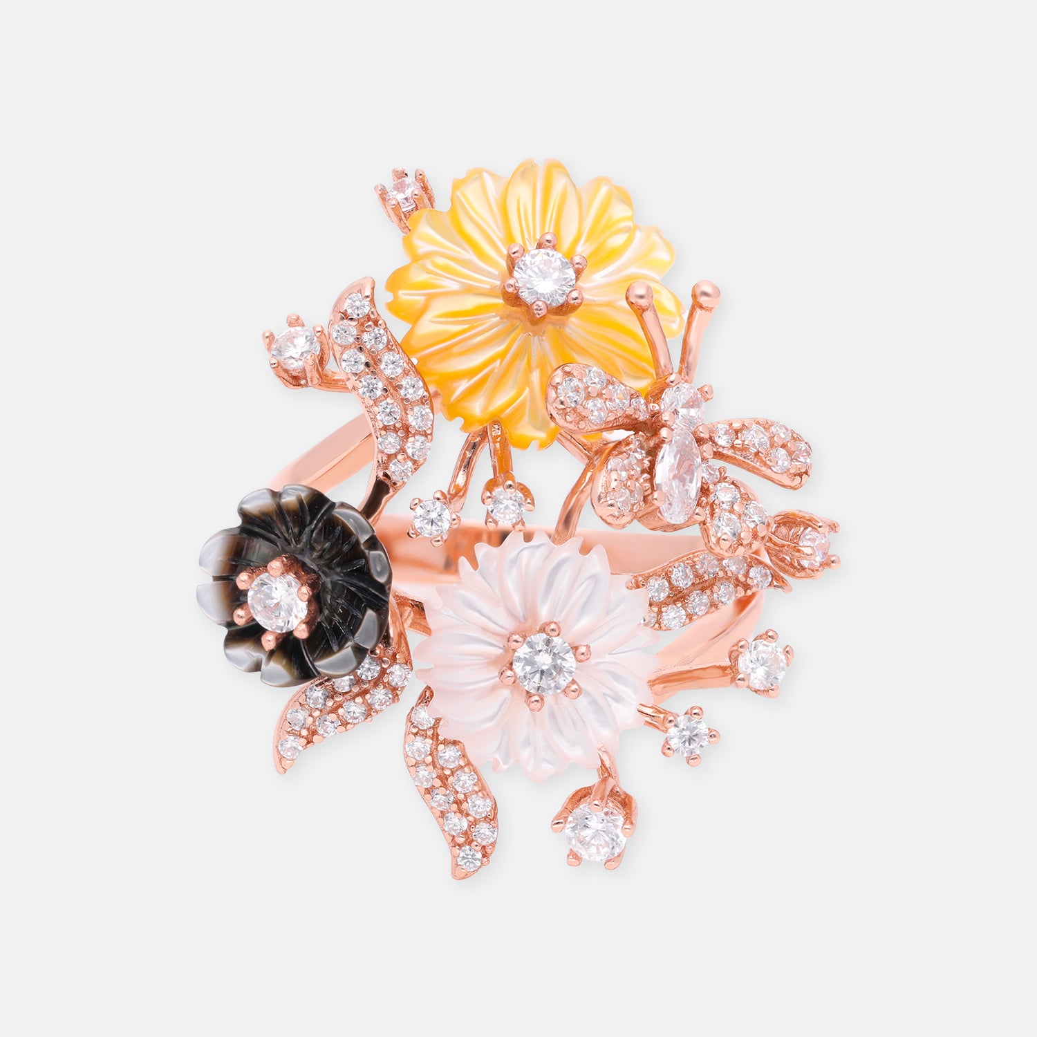 Sterling silver floral statement ring with multicolour enamel and cubic zirconia | SKU: 0006709433