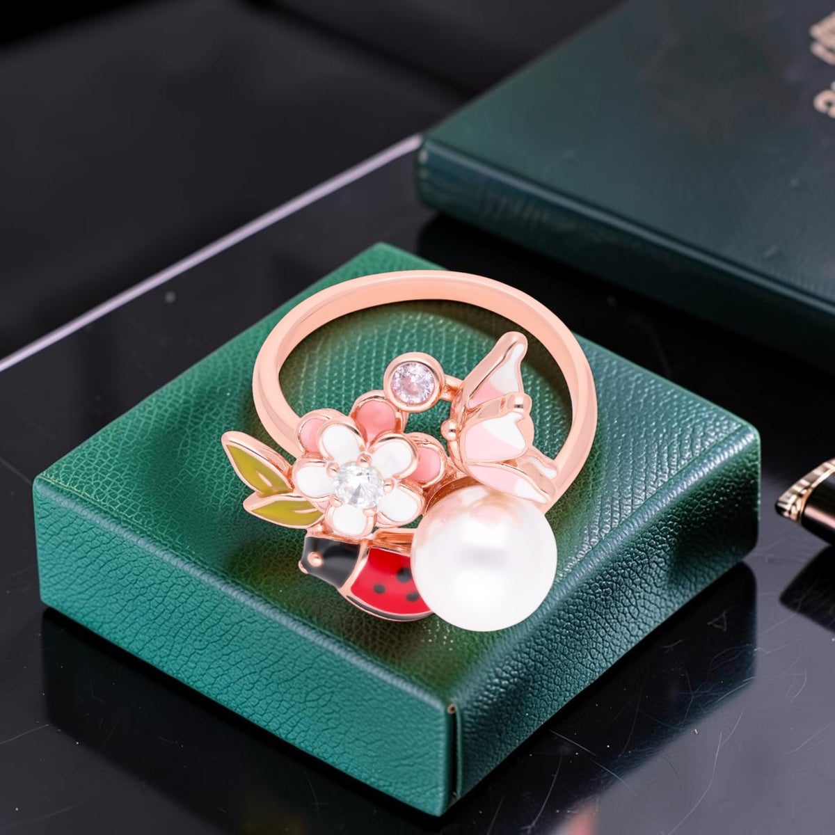 Sterling silver floral butterfly ring with pearl and cubic zirconia accents | SKU: 0006709440