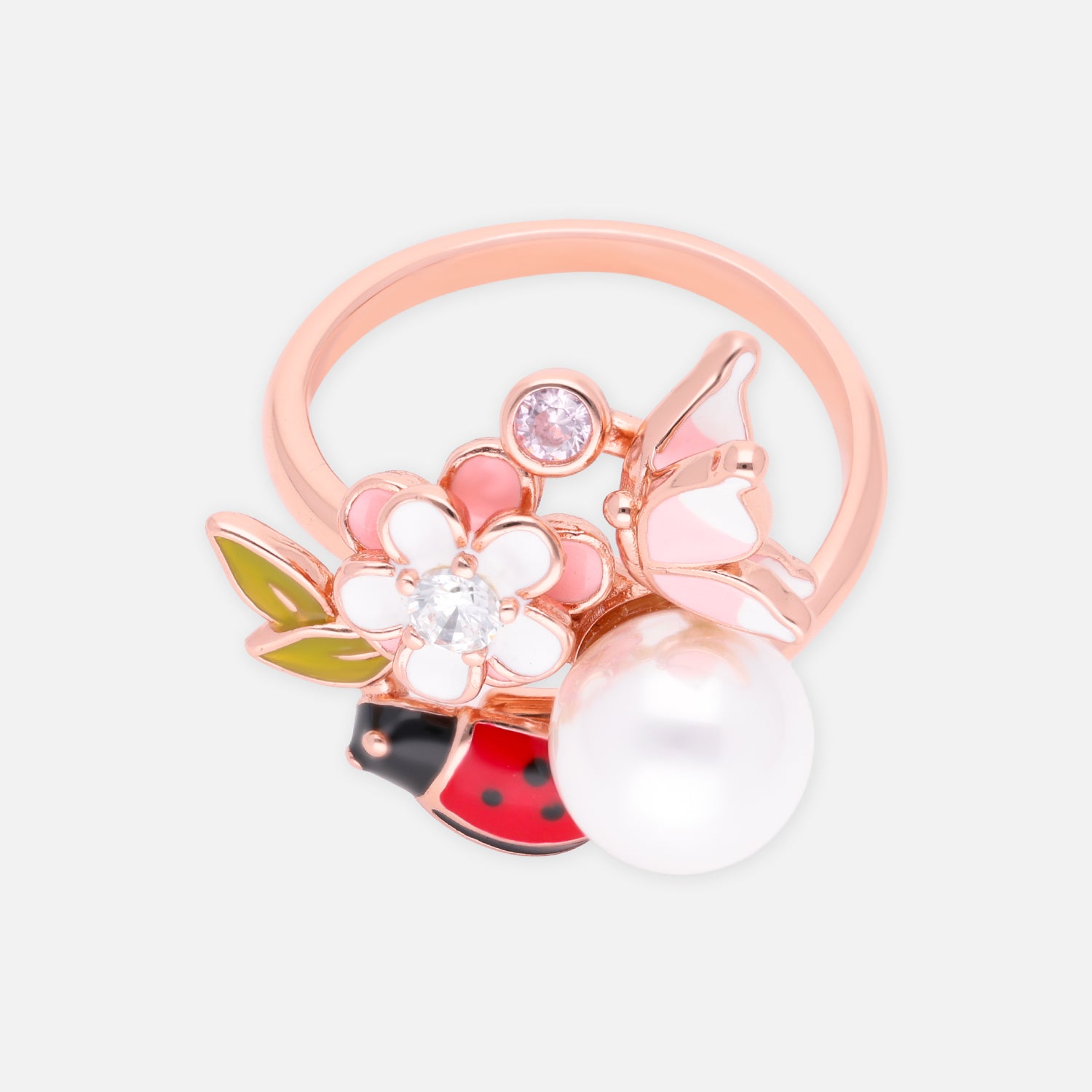 Sterling silver floral butterfly ring with pearl and cubic zirconia accents | SKU: 0006709440