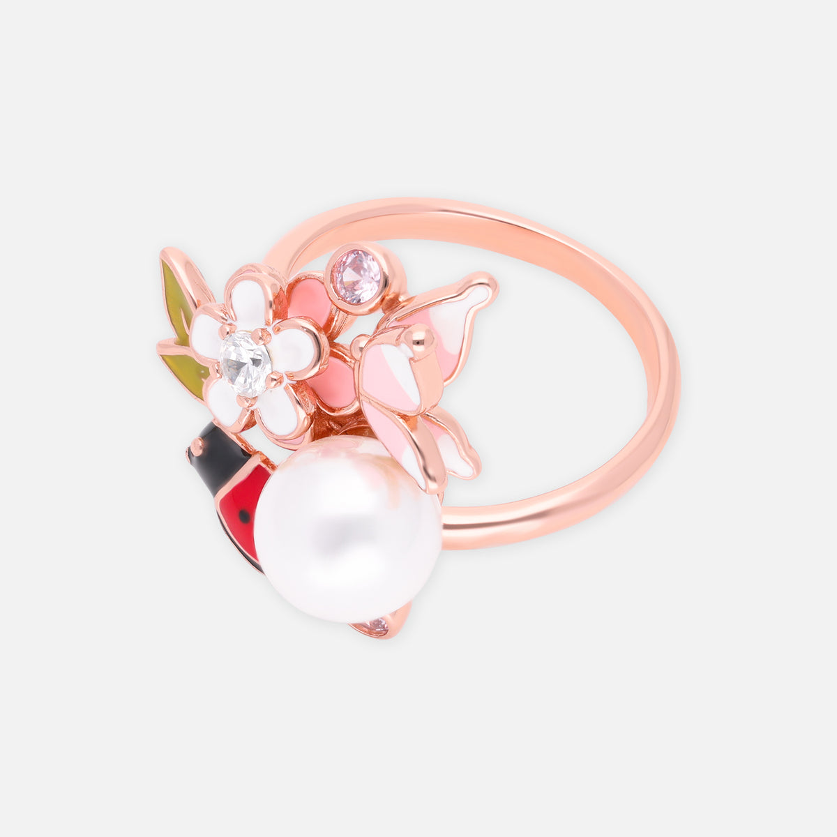 Sterling silver floral butterfly ring with pearl and cubic zirconia accents | SKU: 0006709440