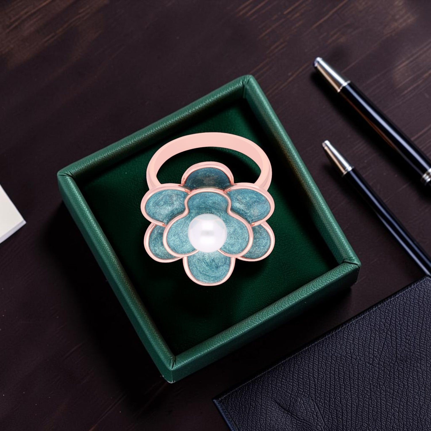 Sterling silver floral statement ring with teal enamel and pearl centre| SKU: 0006709464