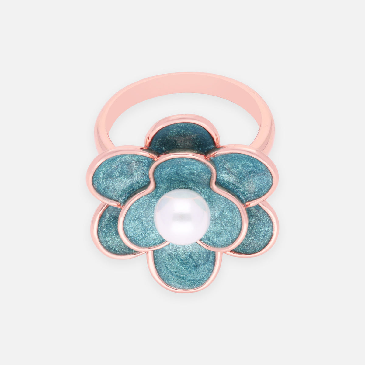 Sterling silver floral statement ring with teal enamel and pearl centre| SKU: 0006709464
