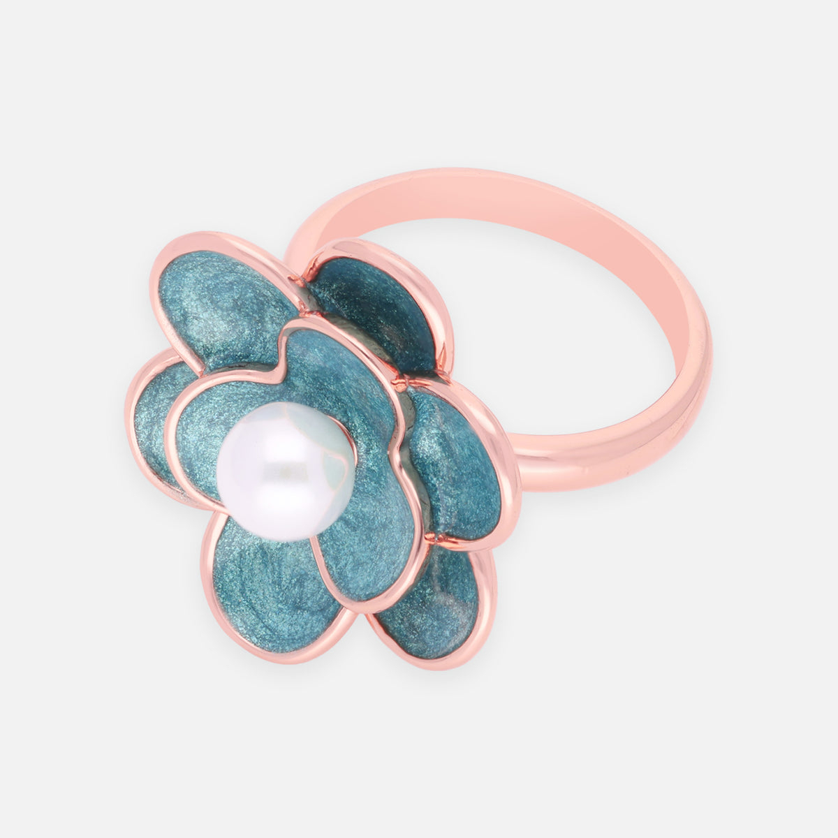 Sterling silver floral statement ring with teal enamel and pearl centre| SKU: 0006709464