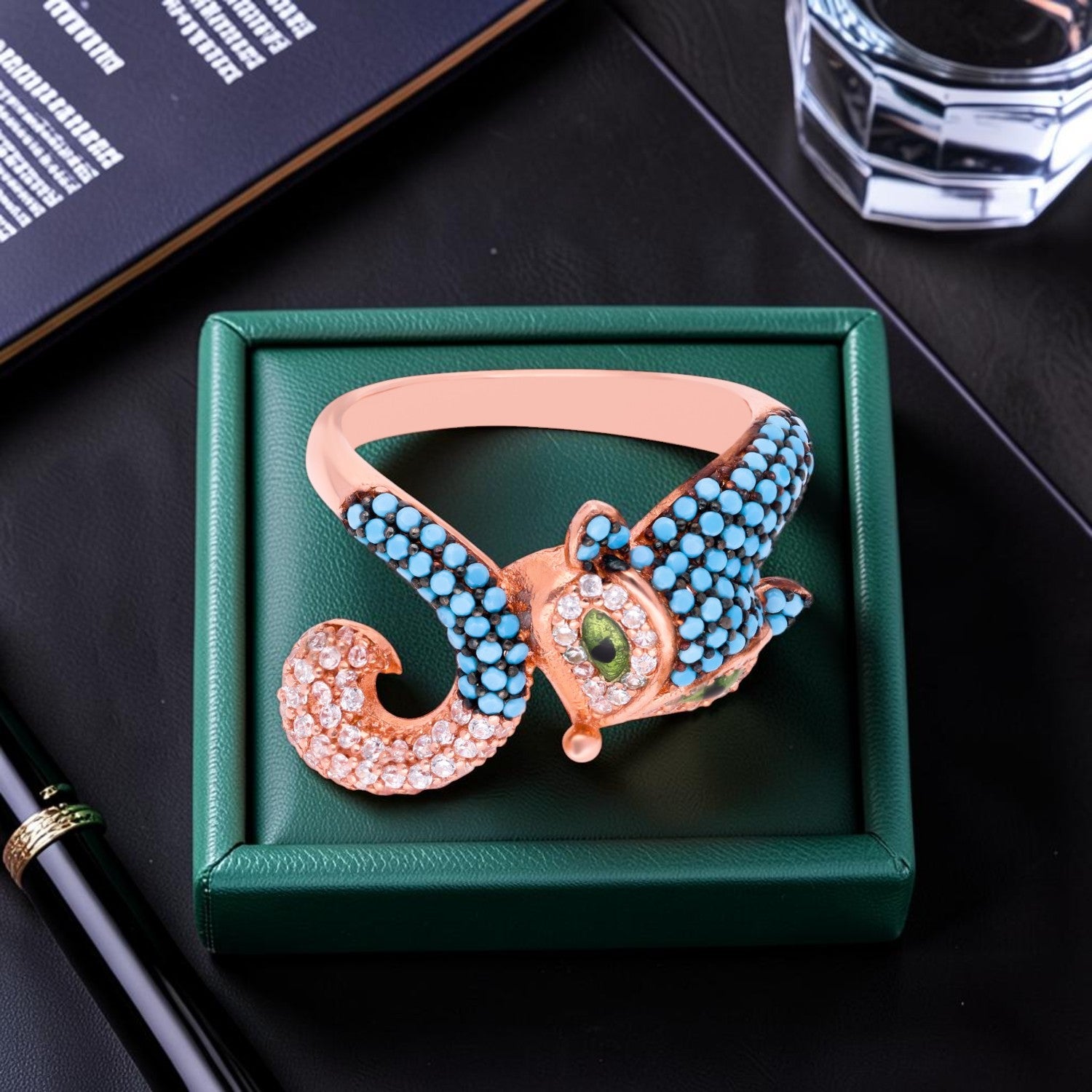 Turquoise Peacock Sterling Silver Statement Ring with Pavé Accents | SKU: 0006709471