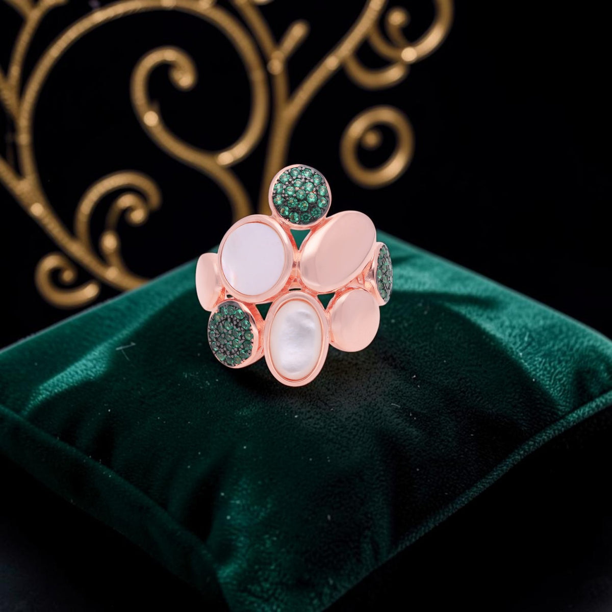 Modern Pearl & Green Crystal Sterling Silver Statement Ring | SKU: 0006709495