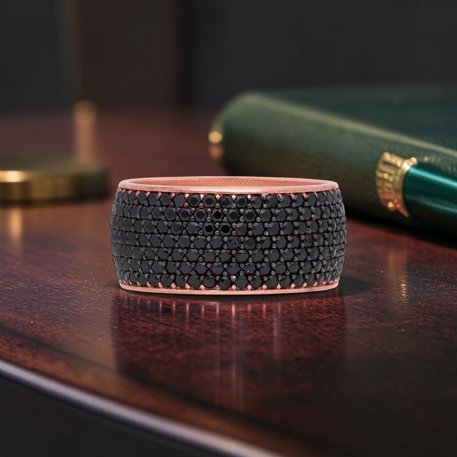 Black Pavé Wide Band Sterling Silver Ring with Rose Gold Finish | SKU: 0006709518