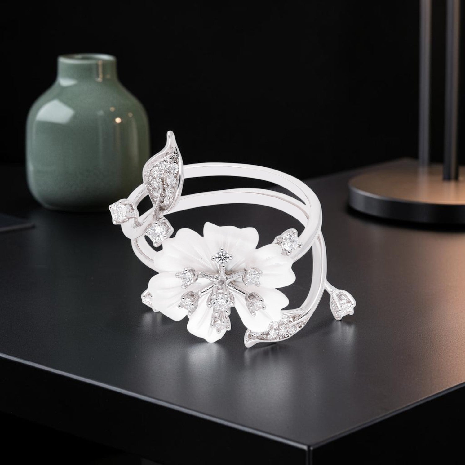 Floral Blossom Sterling Silver Statement Ring with Crystal Accents | SKU: 0006709525