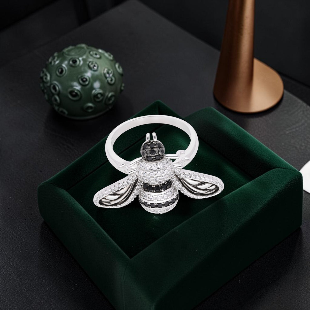 Bee Motif Sterling Silver Statement Ring with Black & White Crystal Accent | SKU: 0006709532