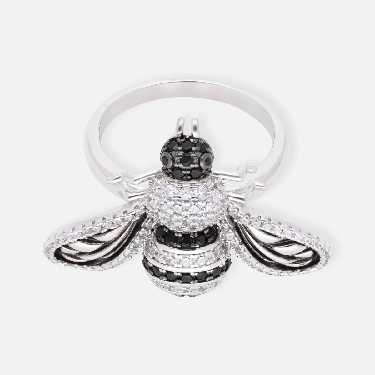 Bee Motif Sterling Silver Statement Ring with Black & White Crystal Accent | SKU: 0006709532