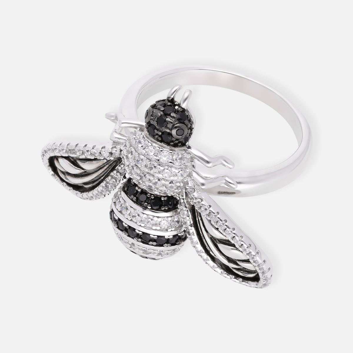 Bee Motif Sterling Silver Statement Ring with Black & White Crystal Accent | SKU: 0006709532