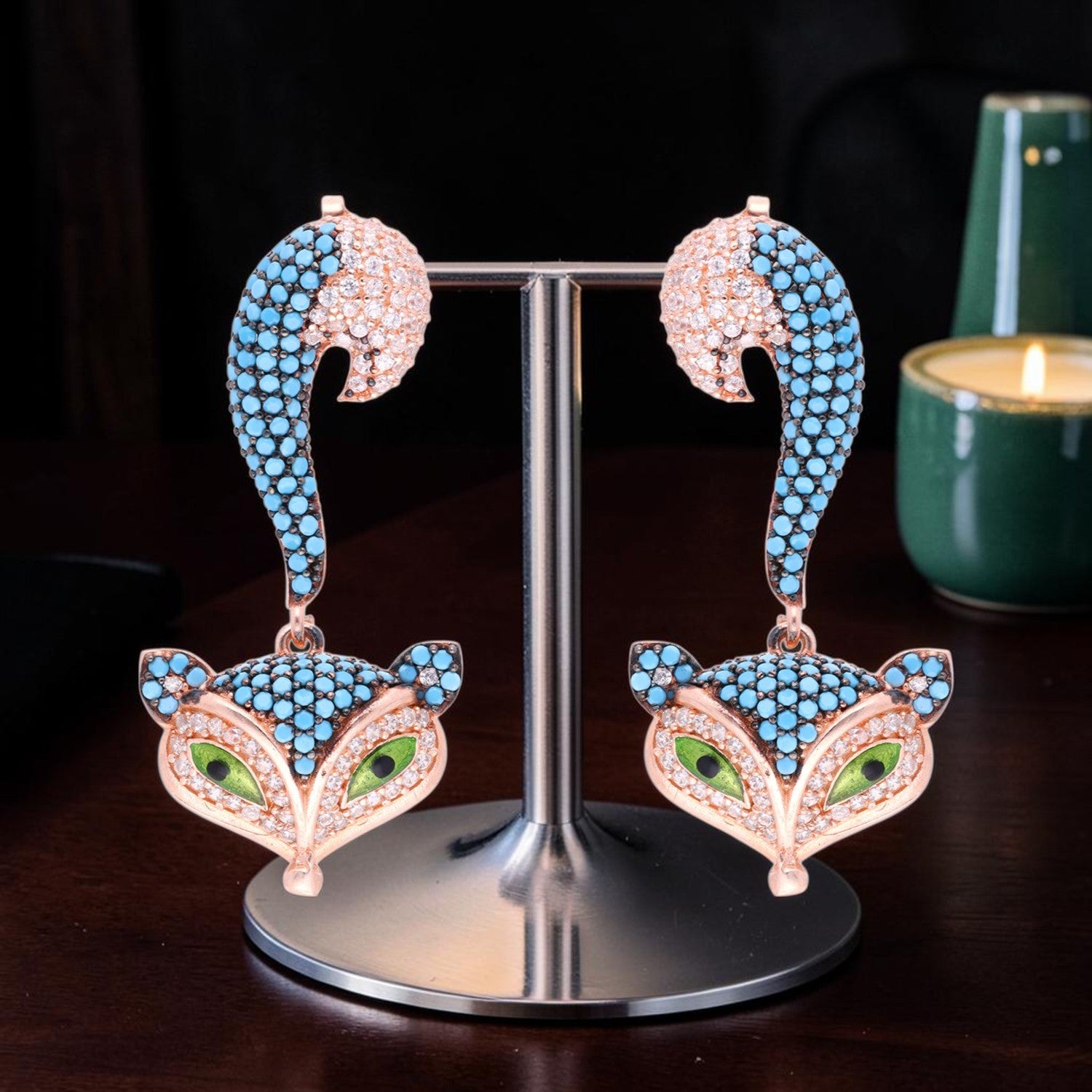Fox Motif Sterling Silver Drop Earrings with Turquoise & Crystal Accents | SKU: 0006709563