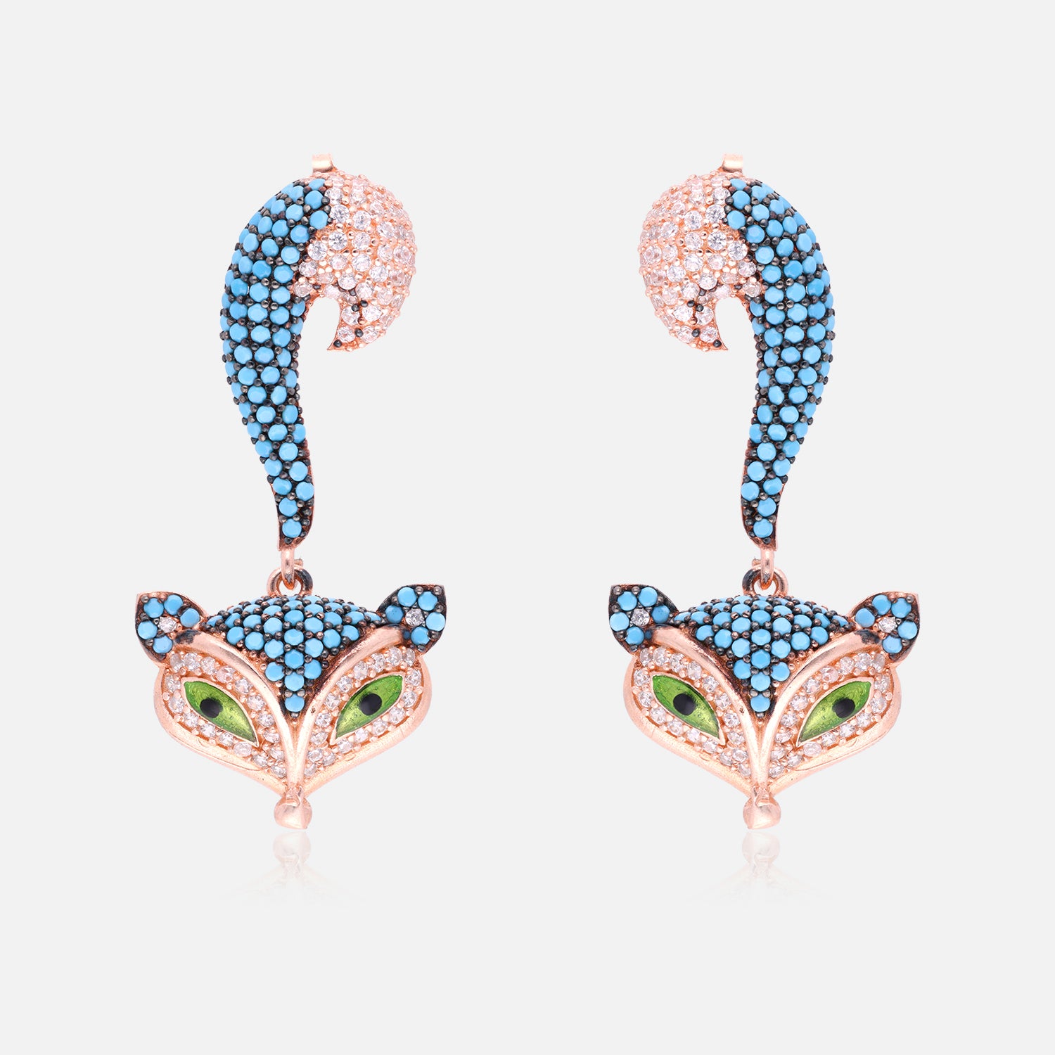 Fox Motif Sterling Silver Drop Earrings with Turquoise & Crystal Accents | SKU: 0006709563