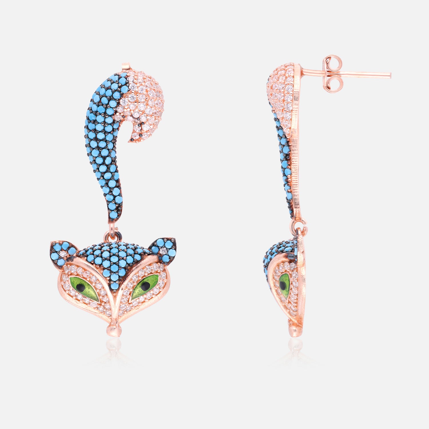 Fox Motif Sterling Silver Drop Earrings with Turquoise & Crystal Accents | SKU: 0006709563
