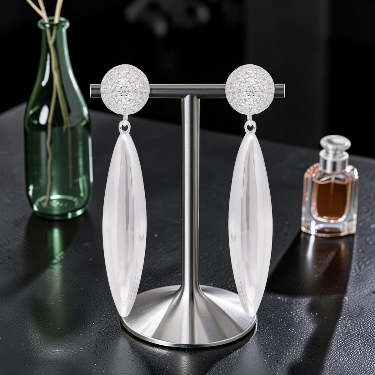 Contemporary Sterling Silver Drop Earrings with Crystal Pavé Studs | SKU: 0006709587
