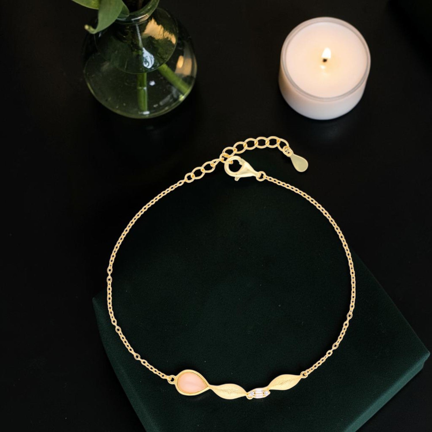 Gold Leaf & Teardrop Charm Bracelet with Crystal Accents | SKU: 0006714468