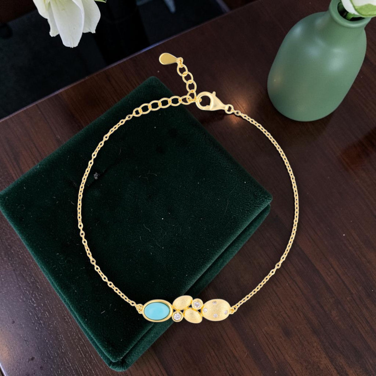 Turquoise & Crystal Accent Gold Bracelet with Textured Leaf Motifs | SKU: 0006714505
