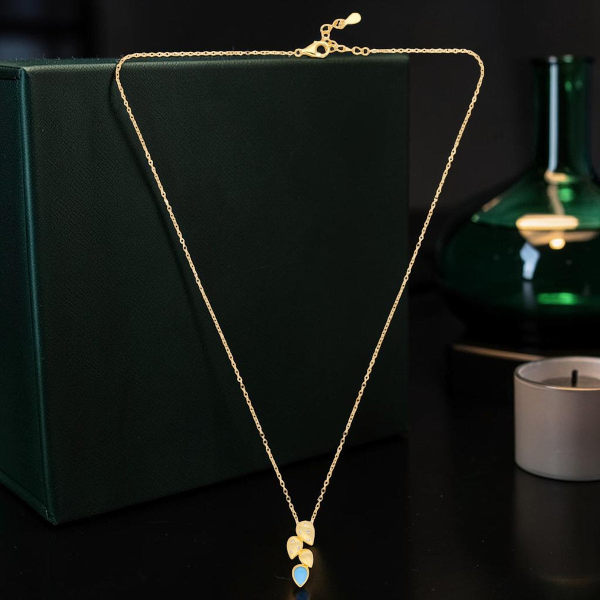 Turquoise Drop Gold-Plated Pendant Necklace with Leaf Motif | SKU: 0006714529