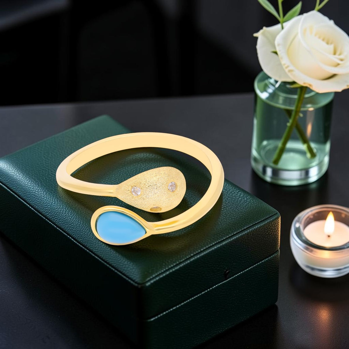 Turquoise Teardrop Open Wrap Gold-Plated Ring with Crystal Accents | SKU: 0006714536
