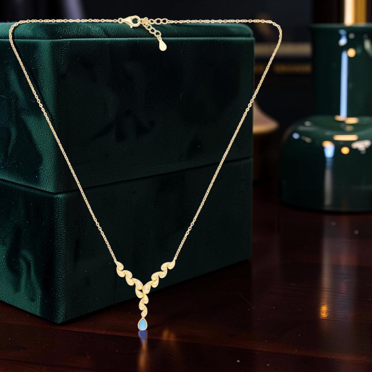 Turquoise Teardrop Gold-Plated Pendant Necklace with Crystal Accents | SKU: 0006714567